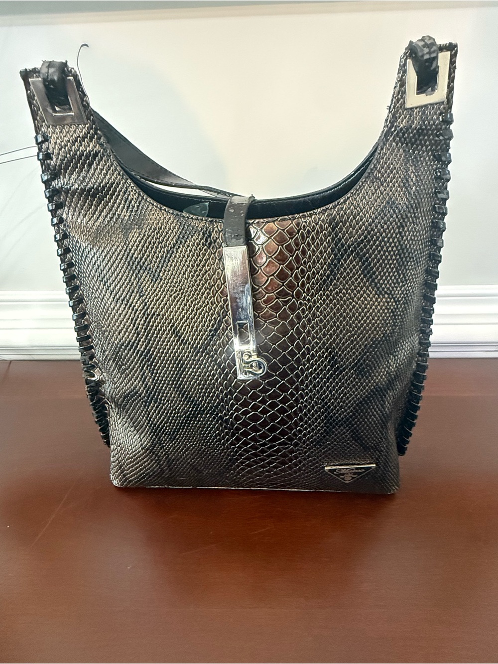 Textured Black Shoulder Bag with Metal Accent